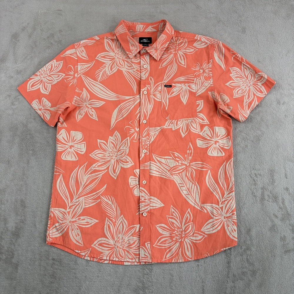 O'Neill Aloha Hawaiian Shirt in Coral Floral Men Large Short Sleeve Beach Resort